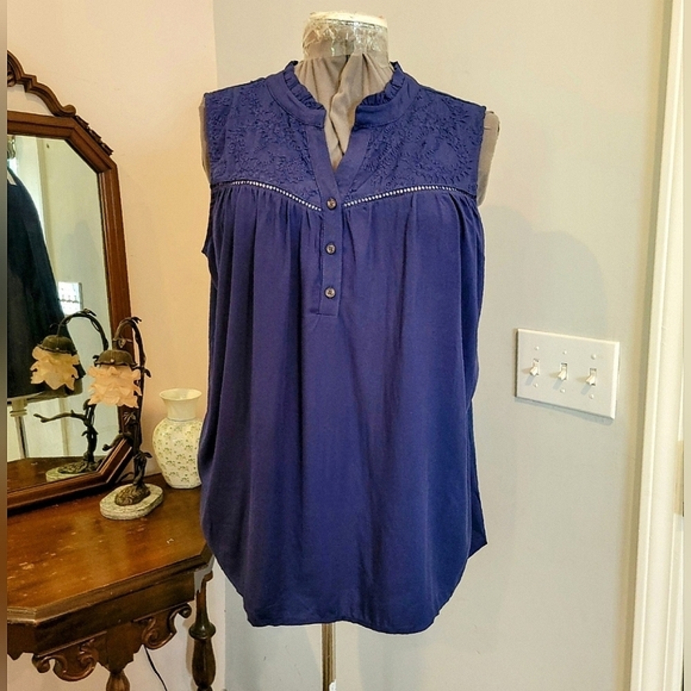 NWT 1X, 2X, or 3X Sleeveless Embroidered Blue Top
